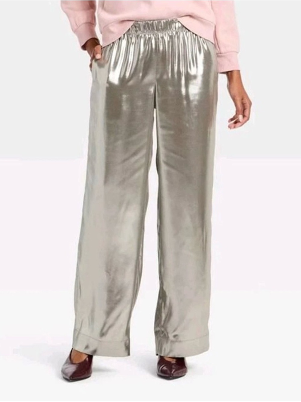A New Day Women's Metallic Foil Pull On Pants Silver Medium NWT